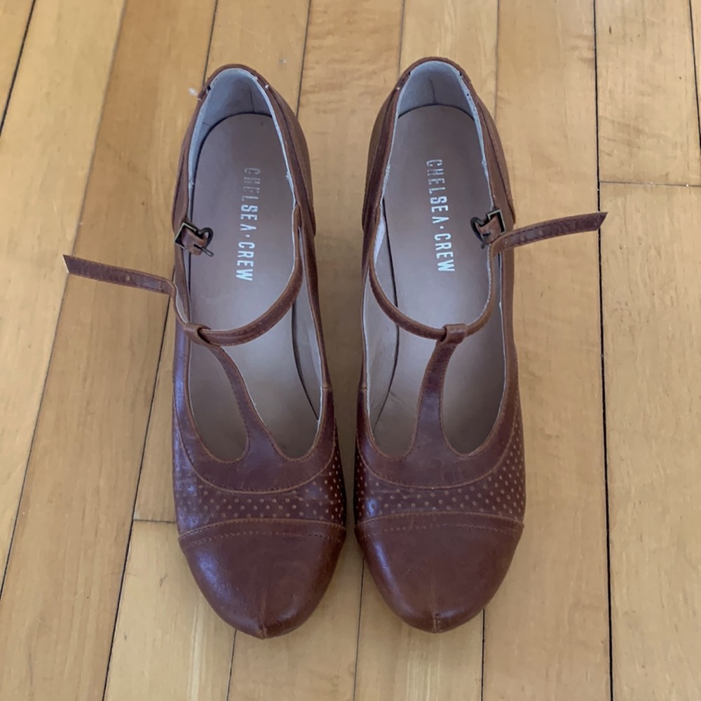 Chelsea Crew Cognac T-strap Heels, Size 7.5